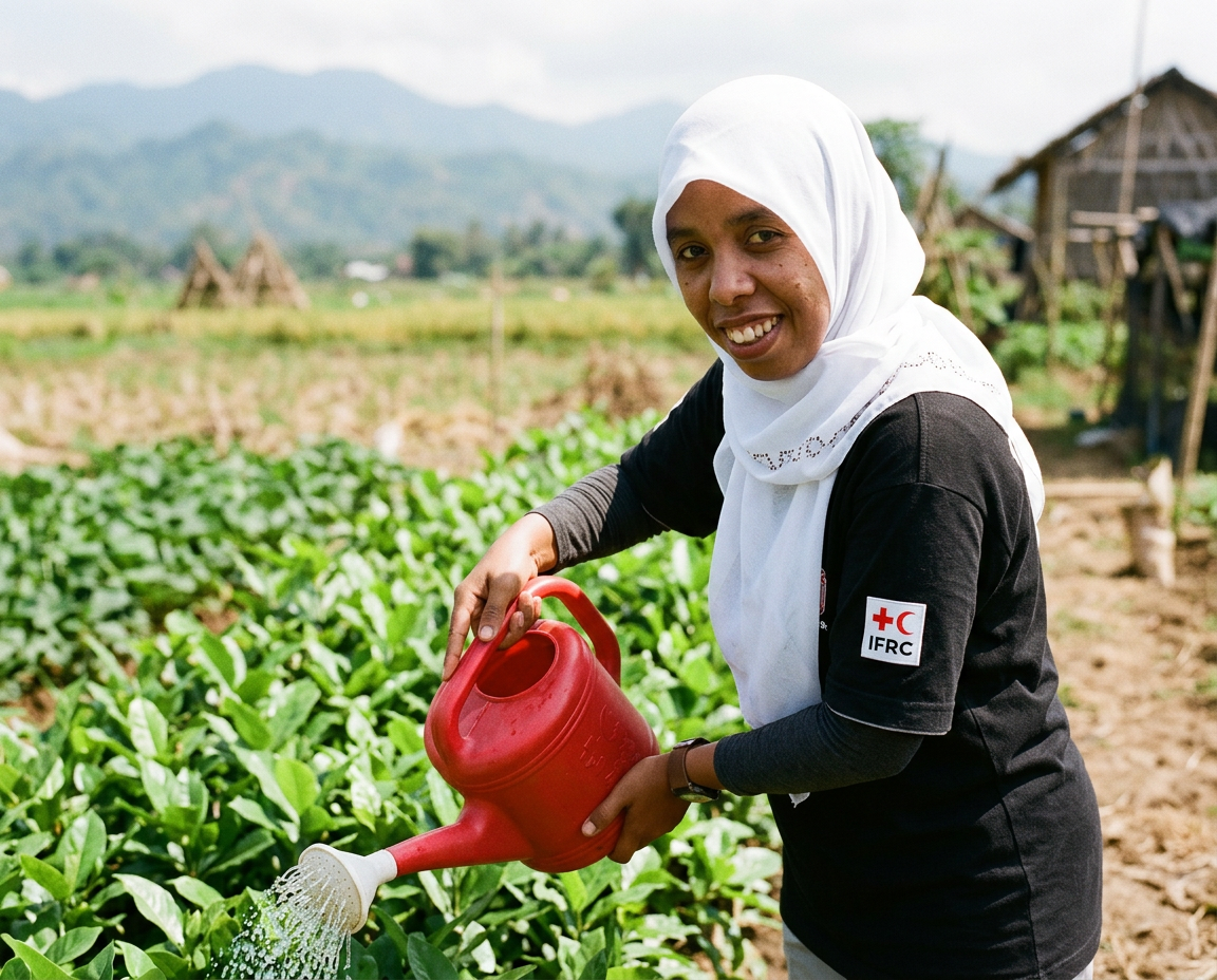 An IFRC volunteer watering crops in a community garden.