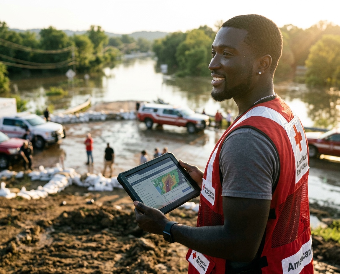Red Cross volunteer with tablet surveying flooded area