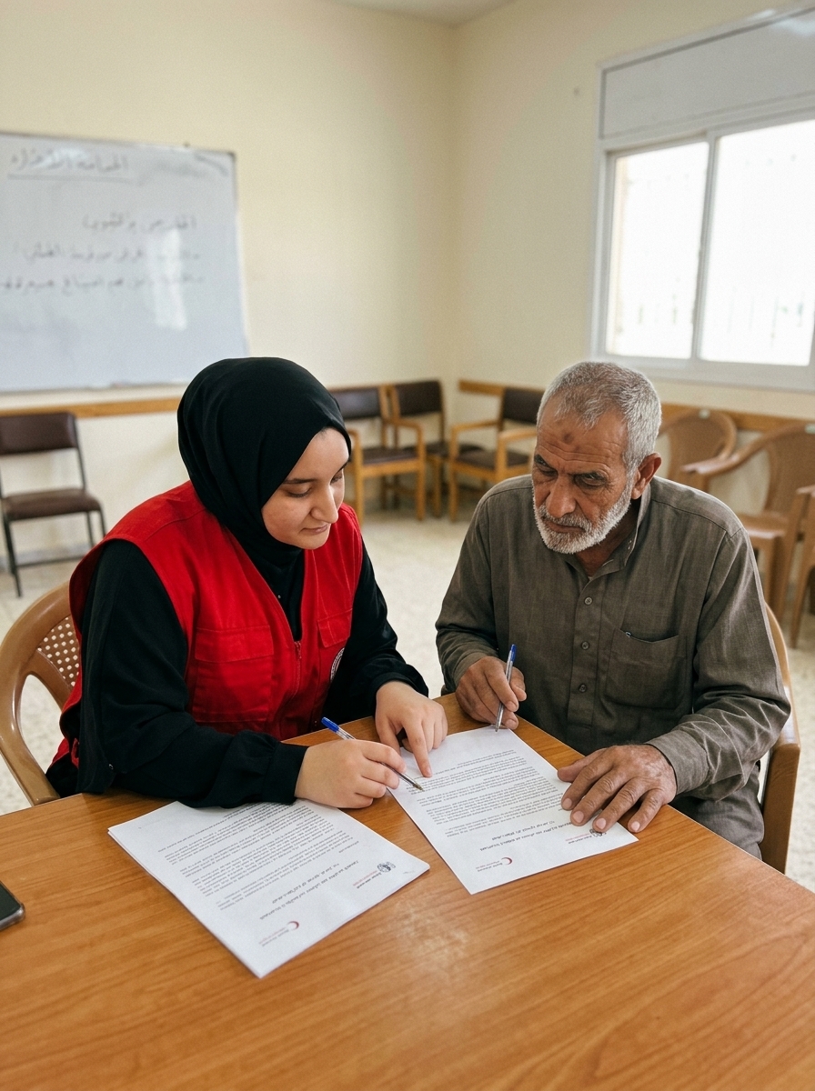 Red Crescent volunteer helping a community member complete paperwork