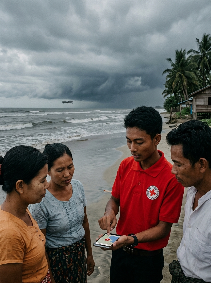 Red Cross volunteer reviewing early-warning data with coastal community as a drone monitors an approaching storm