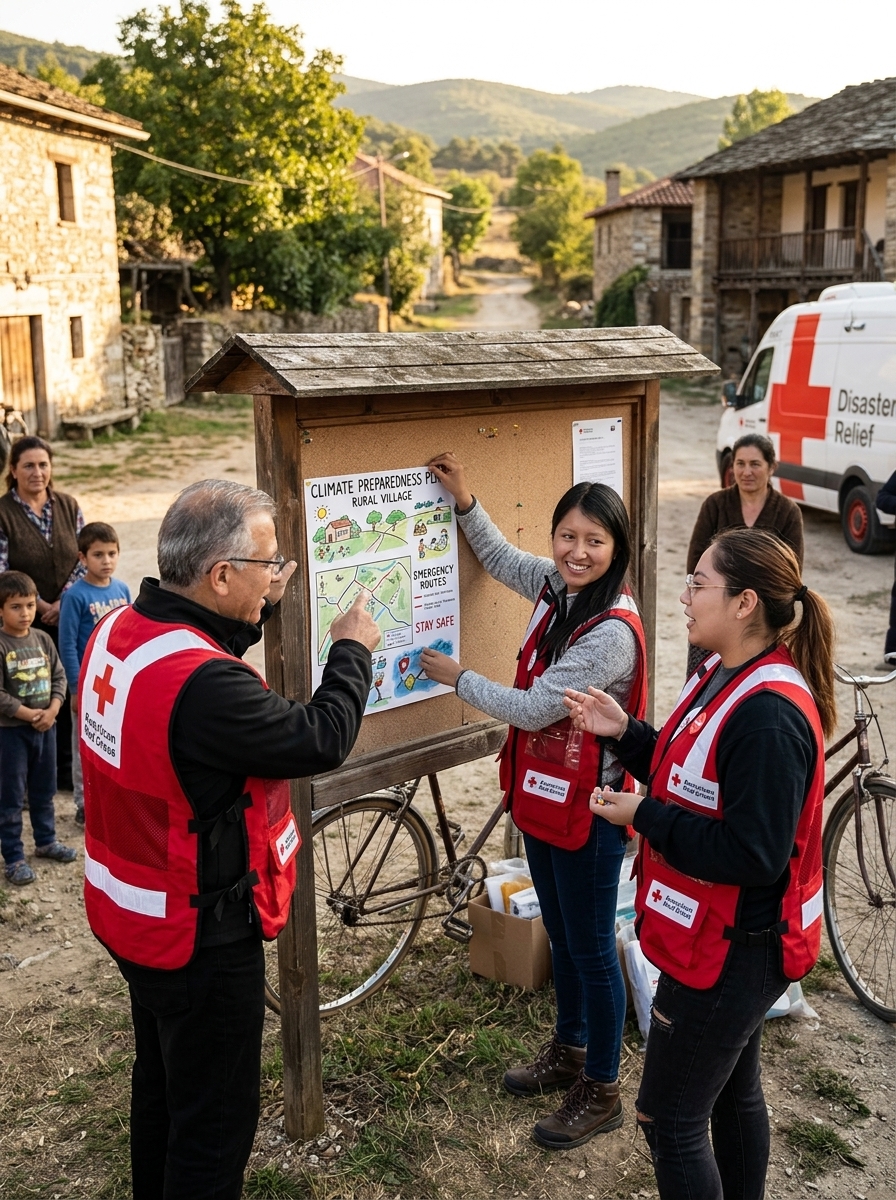 Red Cross volunteers leading a climate preparedness session in a rural village
